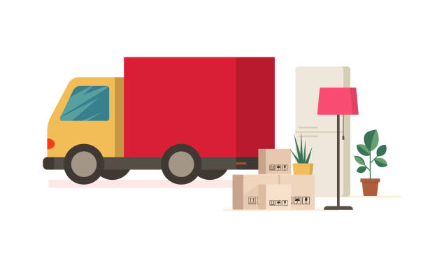 Moving truck and moving boxes outdoors. Removal Moving truck and moving boxes outdoors. Flat removal concept. Vector delivery car illustration. moving van stock illustrations