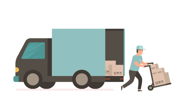 Courier with cardboard box. Vector delivery truck Courier provides free delivery of goods or postal parcels to the address. Man with cardboard boxes. Vector illustration in flat style. Delivery service van moving van stock illustrations