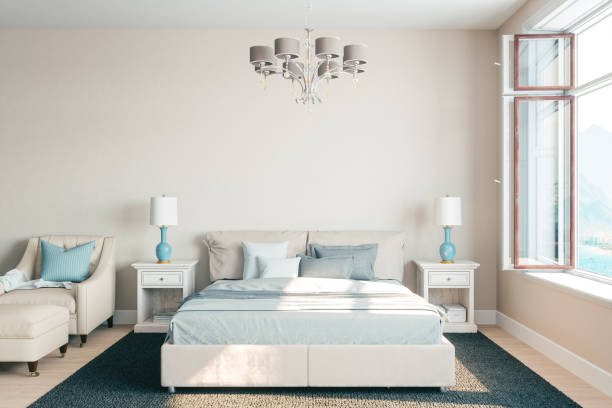 쾌적 한 침실 인테리어와 아름 다운 전망 - hotel hotel room bedroom bed 뉴스 사진 이미지