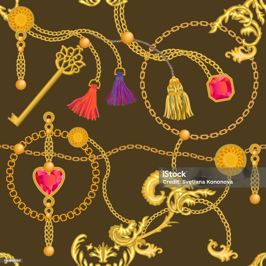 Baroque print with chains, rubins and keys. Seamless vector pattern with trendy accessories. Women's fashon collection. Abstract stock vector