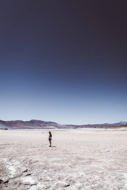 istock Woman walking at salt flat in Atacama desert 1142852193