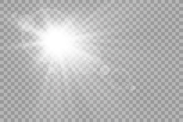 illustrazioni stock, clip art, cartoni animati e icone di tendenza di effetto luminoso del bagliore della luce solare trasparente vettoriale. lampo di sole con raggi e riflettori - isolated object flash