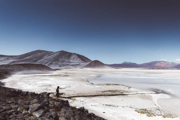 istock Woman exploring salt flat and volcanic landscape in Atacama desert 1142852425