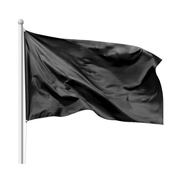 istock Black flag waving in the wind on flagpole, isolated on white background 1142852758
