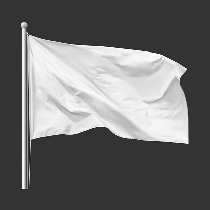 White flag waving in the wind on flagpole, isolated on gray background, vector
