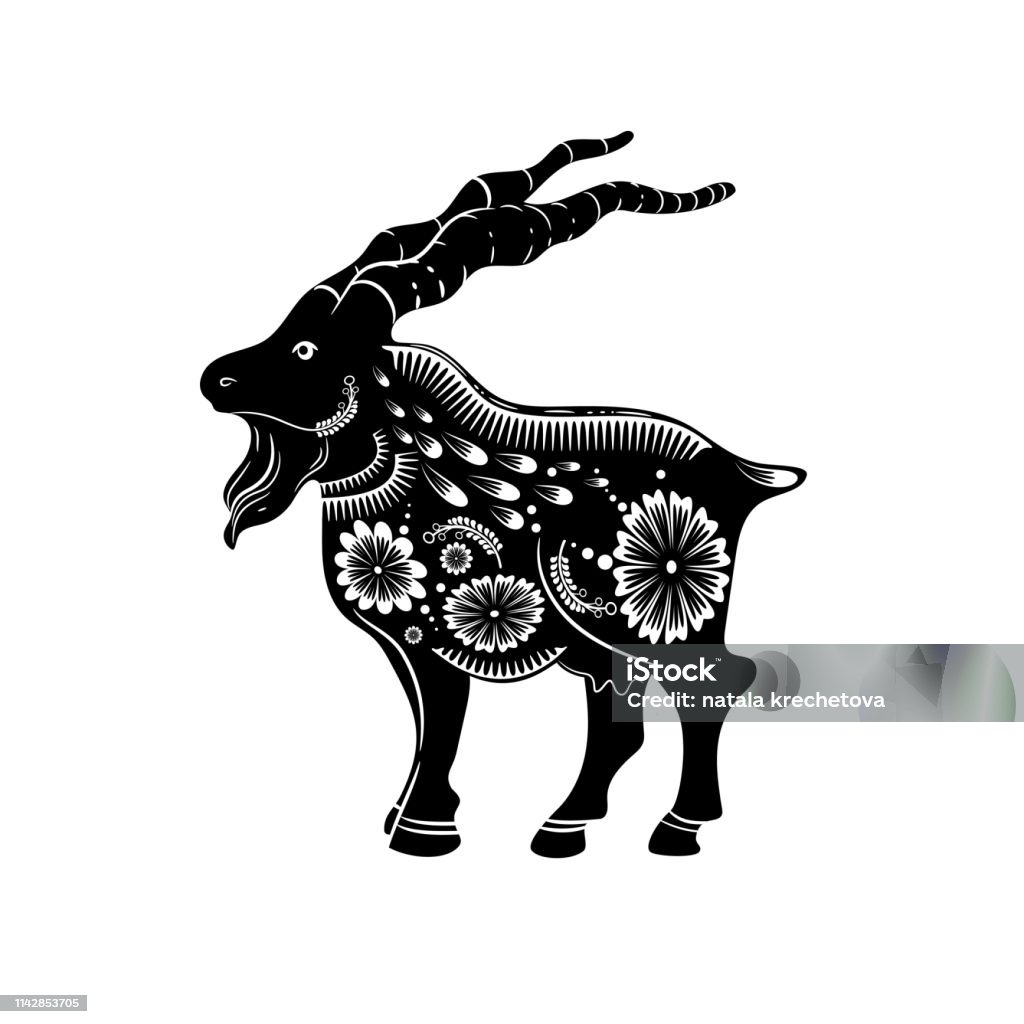 Signe du zodiaque chinois de l’année de la chèvre. Chèvre noir avec l’ornement blanc - clipart vectoriel de Agriculture libre de droits