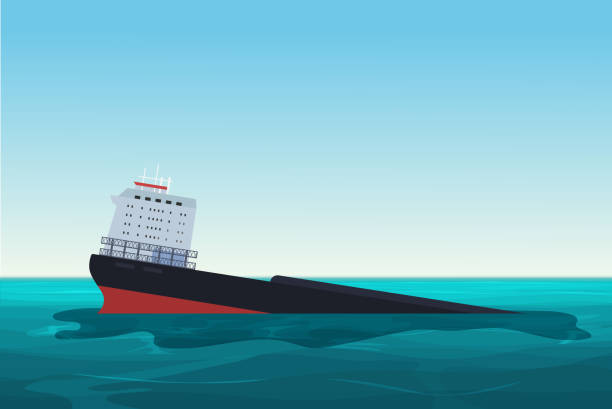 ilustraciones, imágenes clip art, dibujos animados e iconos de stock de buque cisterna de petróleo naufragado. accidente de derrame de petróleo. ilustración vector conceptual del entorno de contaminación. - supertanker