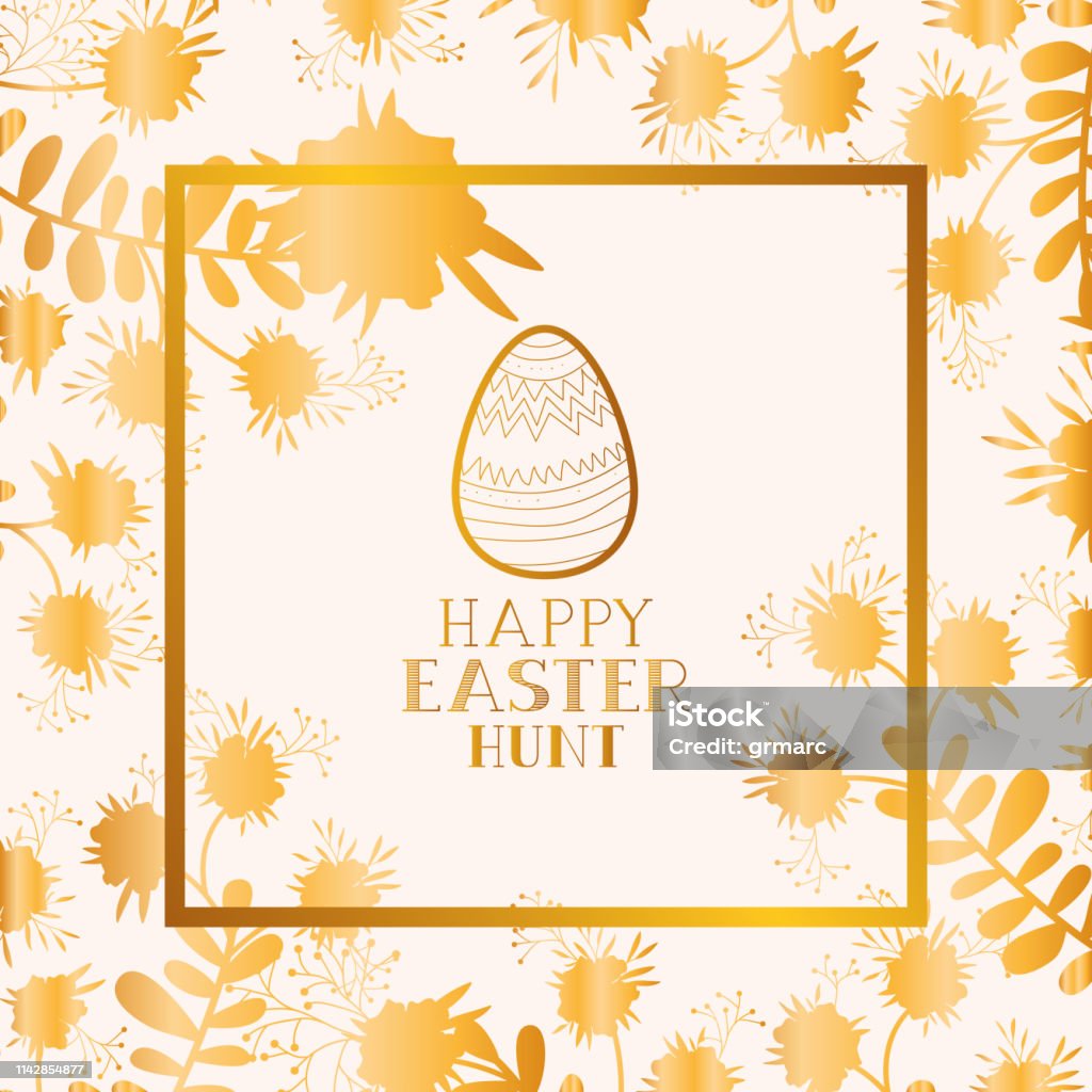 Easter Frame Vector Happy Easter Golden Frame With Egg Painted And Leafs Stock Illustration ...