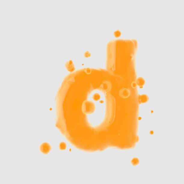 istock 3d letter D lowercase. Orange Juice font with drops isolated on white background 1142855552
