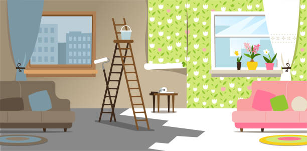 Spring renovation One room before and after a spring renovation. zills stock illustrations