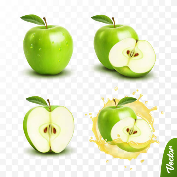 illustrazioni stock, clip art, cartoni animati e icone di tendenza di set vettoriale isolato trasparente realistico 3d, intero e fetta di mela verde, mela in una spruzzata di succo con gocce - mele