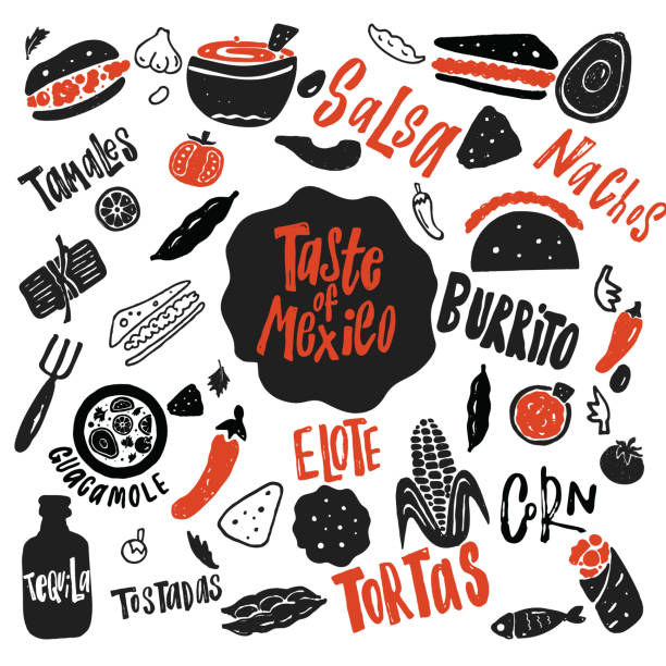 вкус мексики. забавная нарисованная вручную векторная иллюстрация с названиями продуктов питания. типографический плакат. - mexican cuisine illustrations stock illustrations