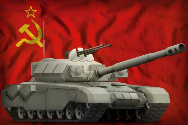 istock heavy tank on the Soviet Union (SSSR, USSR) national flag background. 9 May, Victory day concept. 3d Illustration 1142858749