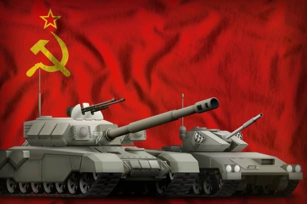 istock Soviet Union (SSSR, USSR) tank forces on the flag background. 9 May, Victory Day concept. 3d Illustration 1142858885