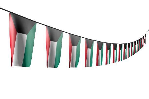 istock wonderful many Kuwait flags or banners hanging diagonal with perspective view on rope isolated on white - any feast flag 3d illustration 1142863266