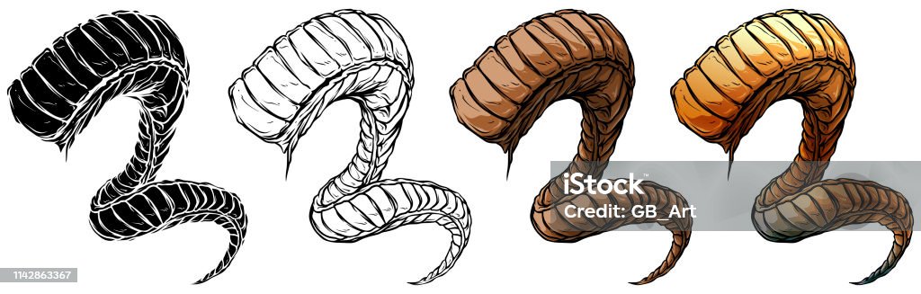 Cartoon big sharp spiral animal horns vector set Cartoon graphic colorful detailed big sharp spiral animal horns or antlers. Hunting trophy. Isolated on white background. Vector icon set. Bull - Animal stock vector