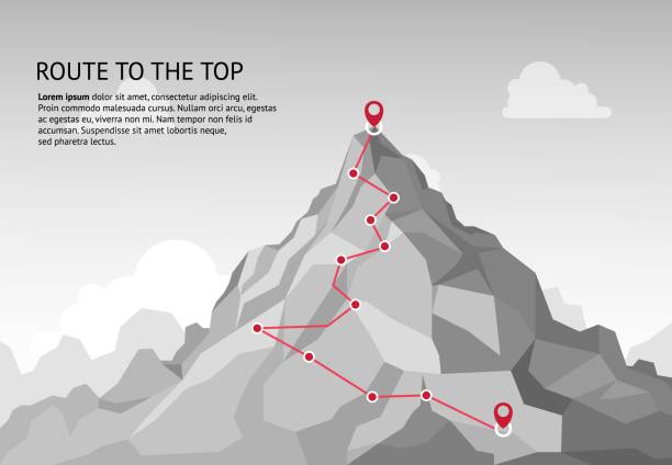 ilustraciones, imágenes clip art, dibujos animados e iconos de stock de infografía de ruta de montaña. viaje desafío camino de negocio objetivo de crecimiento carrera de éxito misión de escalada. concepto de vector path de montaña - aspirations mountain hiking climbing