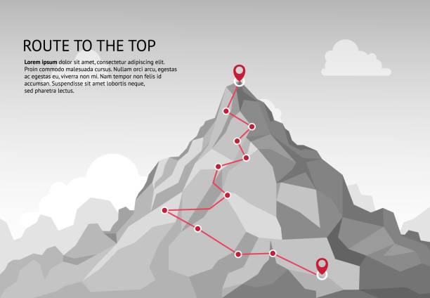 Mountain route infographic. Journey challenge path business goal career growth success climbing mission. Mountains path vector concept Mountain route infographic. Journey challenge path business goal career growth success climbing mission. Mountains path steps vector concept reach destination stock illustrations