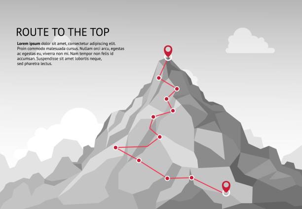 Mountain route infographic. Journey challenge path business goal career growth success climbing mission. Mountains path vector concept Mountain route infographic. Journey challenge path business goal career growth success climbing mission. Mountains path steps vector concept the way forward steps stock illustrations