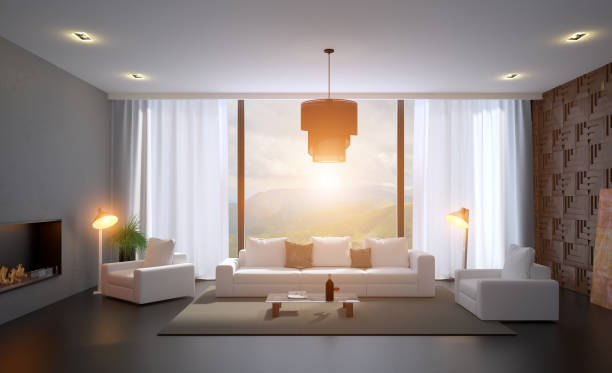 istock Living room with large window and burning fireplace. 3D rendering. Sunset 1142866921