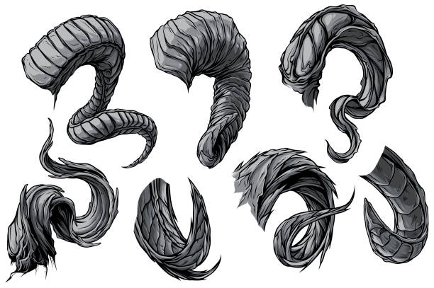 Cartoon big sharp spiral animal horns vector set Cartoon graphic detailed big sharp spiral animal horns or antlers. Hunting trophy. Isolated on white background. Vector icon set. ram stock illustrations