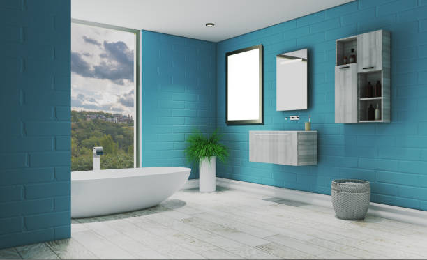 istock View of a large bath, in blue and light floor. Modern design.. 3D rendering. Blank paintings.  Mockup. 1142867005