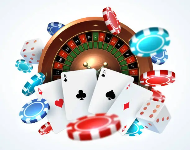 Vector illustration of Playing cards poker chips. Falling dice online casino gambling realistic 3D gaming concept with vector lucky roulette