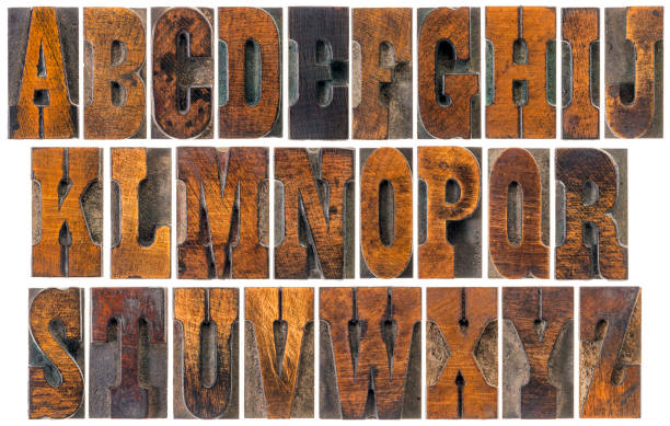앤티크 프렌치 클레 런던 목 형 알파벳 - letterpress isolated sign old fashioned 뉴스 사진 이미지