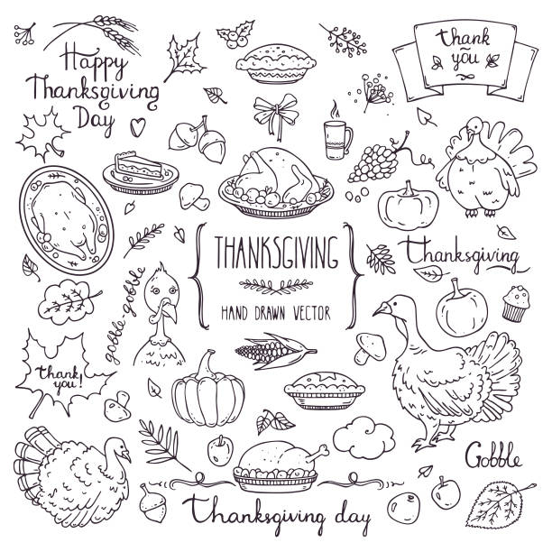 Thanksgiving Symbols Linear Illustrations, Lettering Clip art Collection. Hand Drawn Elements For Festive Flyer, Poster, Banner, Invitation Design Templates. Isolated On Background. Thanksgiving traditional symbols in doodle style. Collection of hand drawn design elements for greeting card, invitation, poster templates. Food and drink, pumpkin pie, turkey, corn handcraft illustration, lettering. thanksgiving holiday drawings stock illustrations