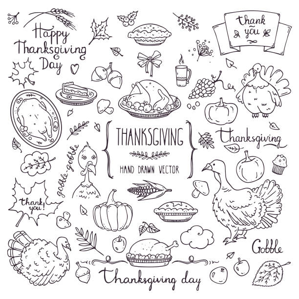 Thanksgiving Symbols Linear Illustrations, Lettering Clip art Collection. Hand Drawn Elements For Festive Flyer, Poster, Banner, Invitation Design Templates. Isolated On Background. Thanksgiving traditional symbols in doodle style. Collection of hand drawn design elements for greeting card, invitation, poster templates. Food and drink, pumpkin pie, turkey, corn handcraft illustration, lettering. indian summer clip art stock illustrations