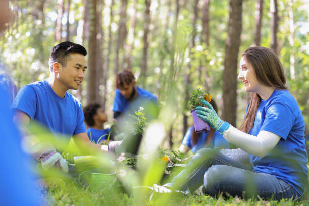 Environmental beautification. Volunteers plant flowers, plants at local park in spring. Group of environmental volunteers plant flowers, trees, and plants at local park during spring season.  Earth Day, Arbor Day themes. ecosystem photos stock pictures, royalty-free photos & images