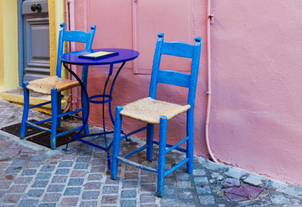 istock cafe with blue chairs, Crete, Greece 1142870640