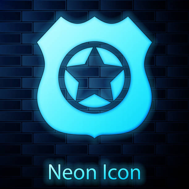 istock Glowing neon Police badge icon isolated on brick wall background. Sheriff badge sign. Vector Illustration 1142870790