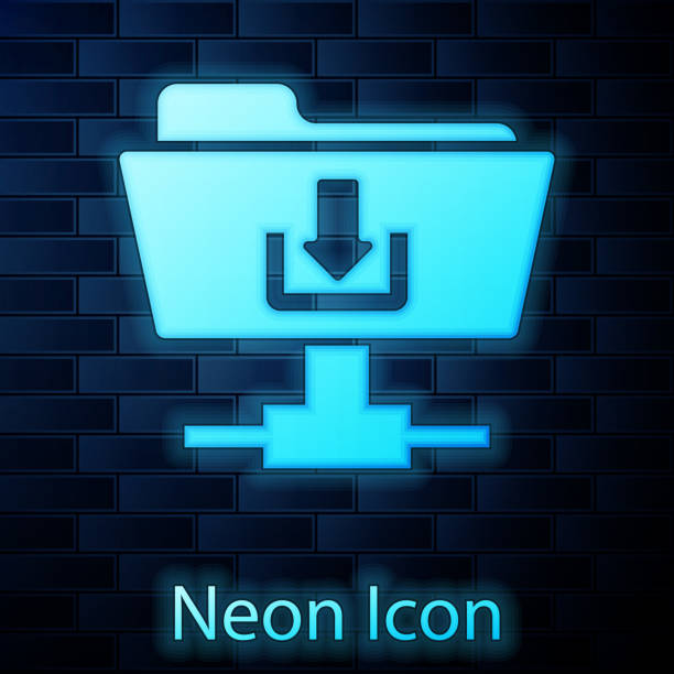 istock Glowing neon FTP folder download icon on brick wall background. Concept of software update, transfer protocol, router, teamwork tool management, copy process. Vector Illustration 1142870850