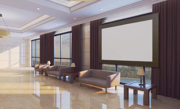 fictitious modern luxurious futuristic interior with a beautiful view to the lake - the photos in the frame and in the background are taken by me