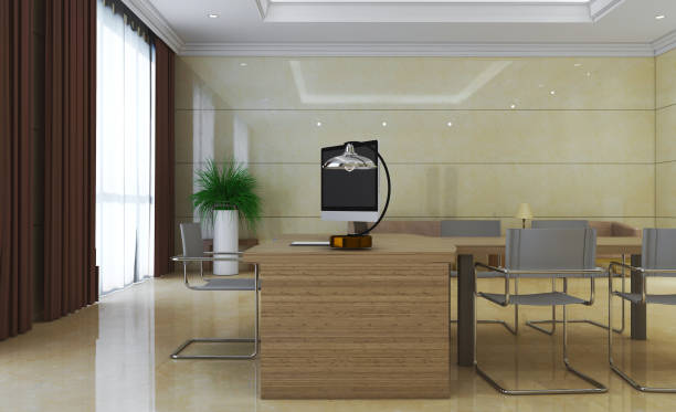 istock modern cabinet with marble walls and a large window. business background. 3D rendering. 1142871332