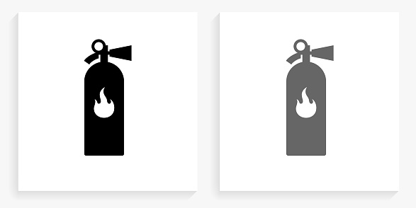 Fire Extinguisher Black and White Square Icon. This 100% royalty free vector illustration is featuring the square button with a drop shadow and the main icon is depicted in black and in grey for a roll-over effect.