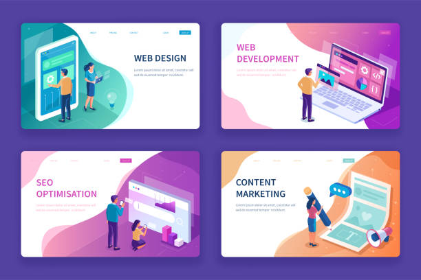 web design Web design, seo and development banners templates. Can use for backgrounds, infographics, hero images. Flat isometric modern vector illustration. contented emotion illustrations stock illustrations