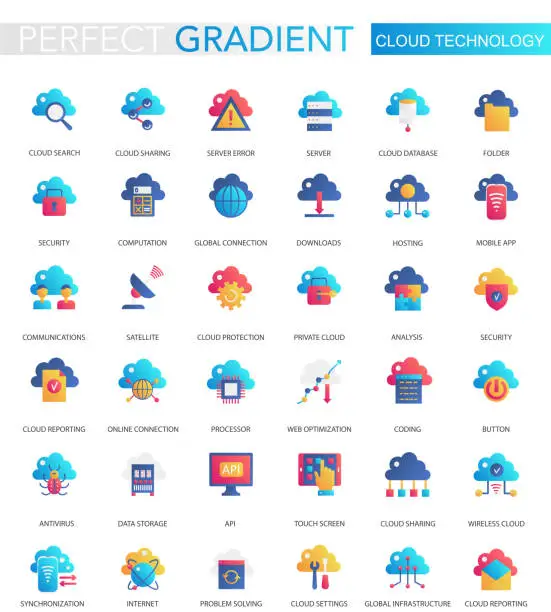 Vector illustration of Vector set of trendy flat gradient of cloud, big data technology icons.