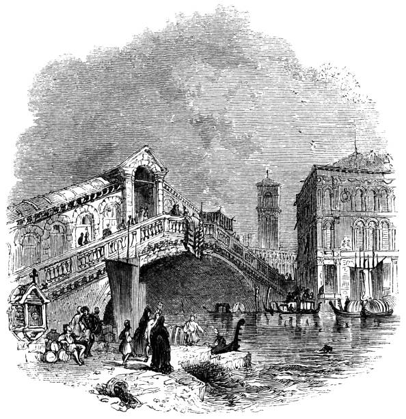 ilustrações, clipart, desenhos animados e ícones de ponte de rialto que mede o canal grande em veneza, italy-século xvi - architecture built structure people in the background nautical vessel