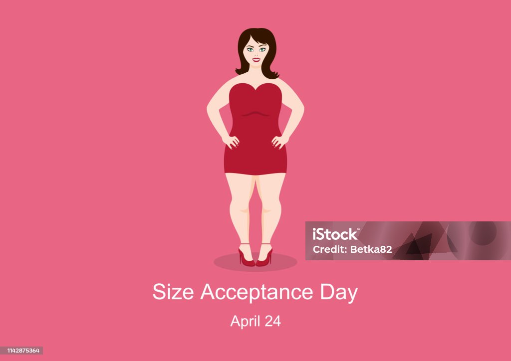 Size Acceptance Day vector International No Diet Day. Curvy woman vector. Cheerful fat woman illustration. Happy plus size fashion model in a red dress vector. Attractive girl in high heels Dress stock vector