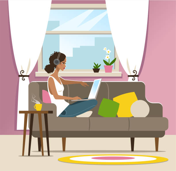 Home office Young woman with a laptop working or entertaining on a sofa at home. latin american and hispanic ethnicity illustrations stock illustrations