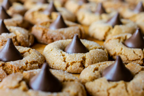Peanut butter blossom cookies on cutting board