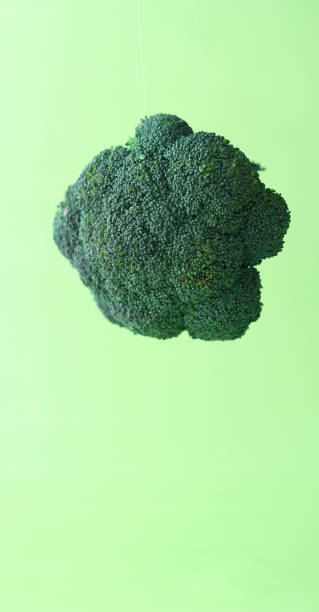 istock Broccoli in the air on a green background 1142876738