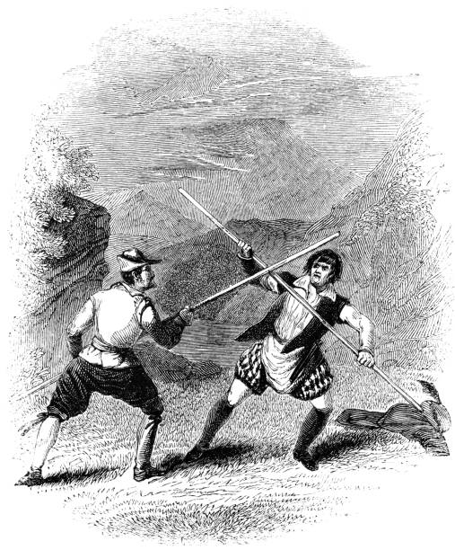 Robin Hood and Arthur Bland Fighting with Quarterstaffs - Robin Hood and the Tanner Robin Hood and the tanner Arthur A. Bland in a duel with quarterstaffs in Robing Hood and the Tanner from the Works of William Shakespeare. Vintage etching circa mid 19th century. sherwood forest illustrations stock illustrations