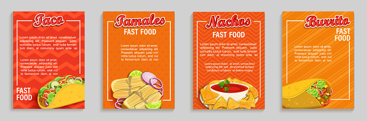 Set of mexican fast food shop flyers,banners.Set of taco,tamales,nachos,burrito menu pages for caffee, resaurant. Takeaway snack,poster,card for cafeteris,truck advertise.Template for design,vector