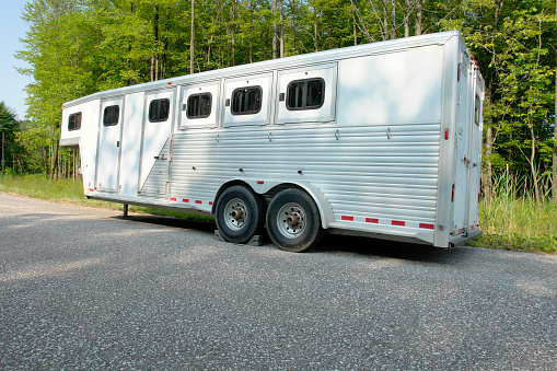 large horse trailer parked before loading horses