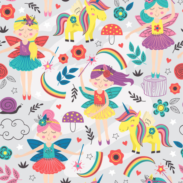 마법의 숲 요정과 완벽 한 패턴 - unicorn horse magic fairy tale stock illustrations