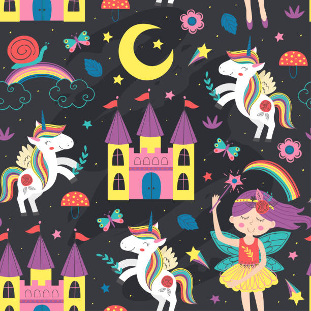 seamless pattern with magic characters seamless pattern with magic characters - vector illustration, eps pony wings stock illustrations
