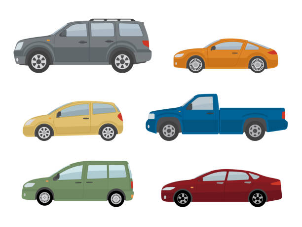 Collection of different cars. Isolated on white background. Collection of different cars. Isolated on white background. Side view. Flat style, vector illustration. side view illustrations stock illustrations